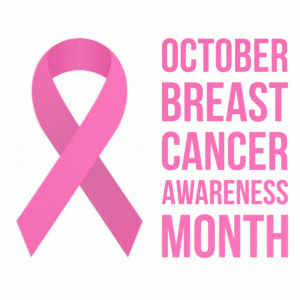 A pink ribbon with the words october breast cancer awareness month written underneath.