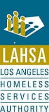 A blue and yellow logo for lahsa.